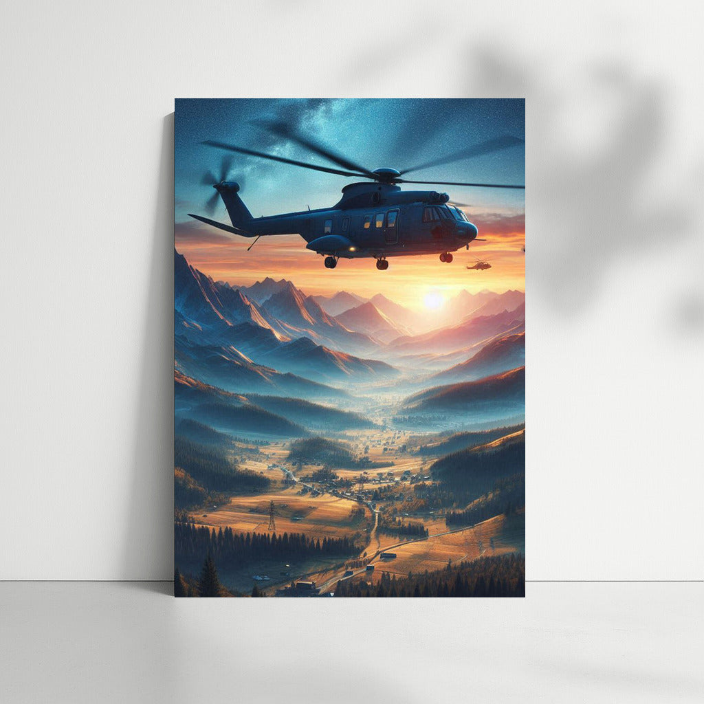 Sunset Rescue: Helicopter Over Mountain Landscape