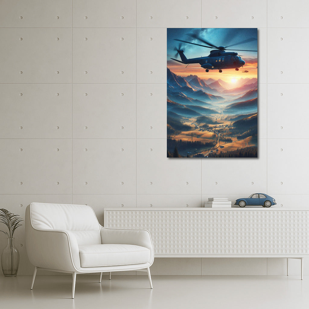 Sunset Rescue: Helicopter Over Mountain Landscape