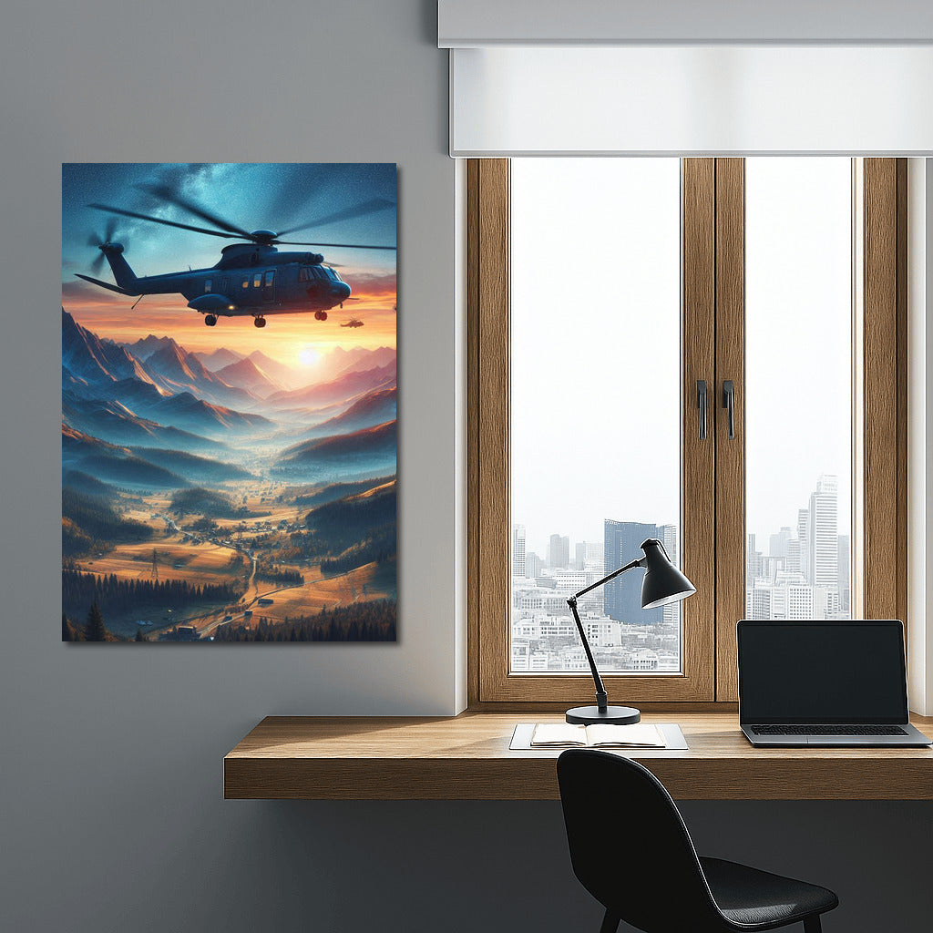 Sunset Rescue: Helicopter Over Mountain Landscape