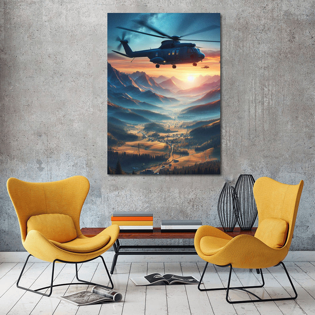 Sunset Rescue: Helicopter Over Mountain Landscape