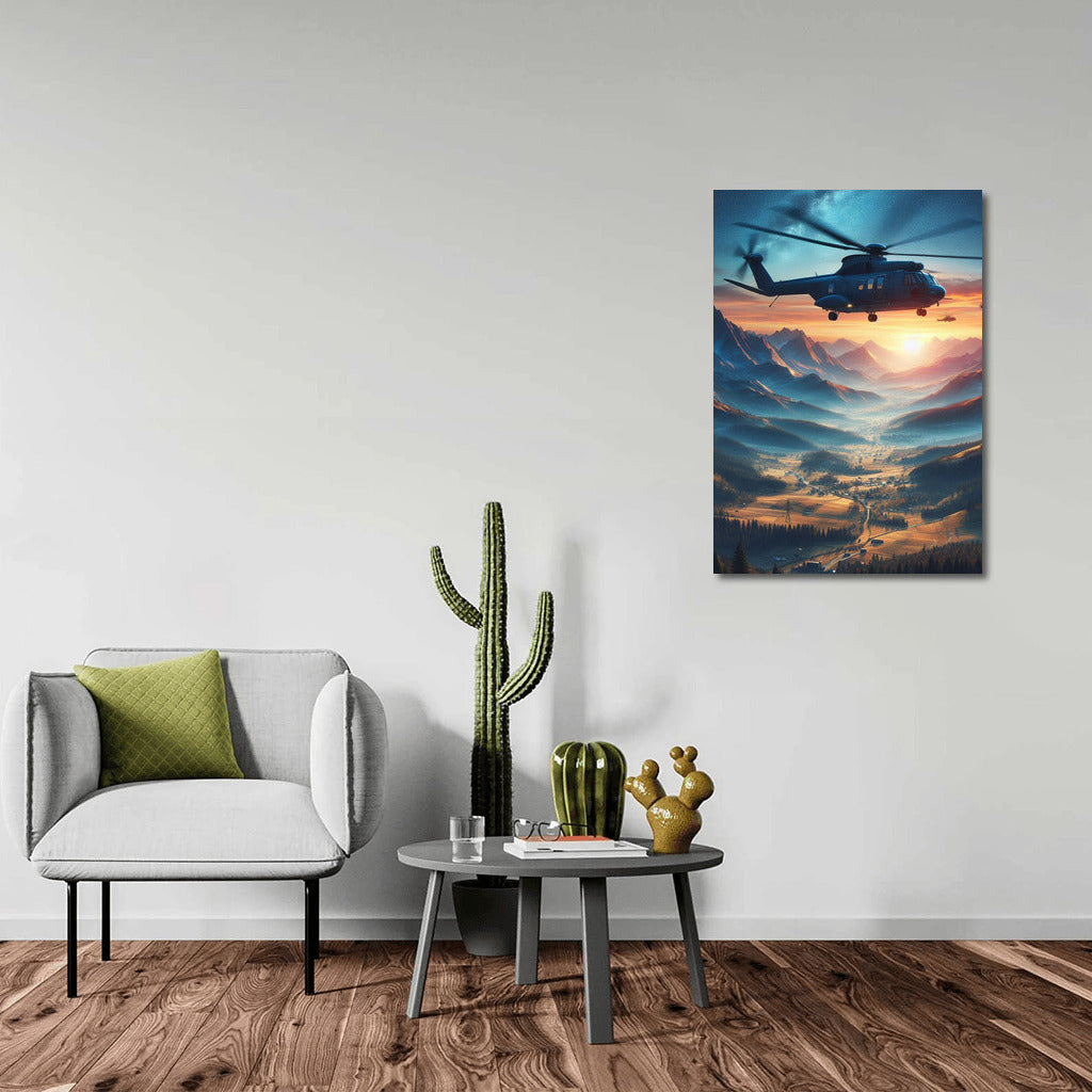 Sunset Rescue: Helicopter Over Mountain Landscape