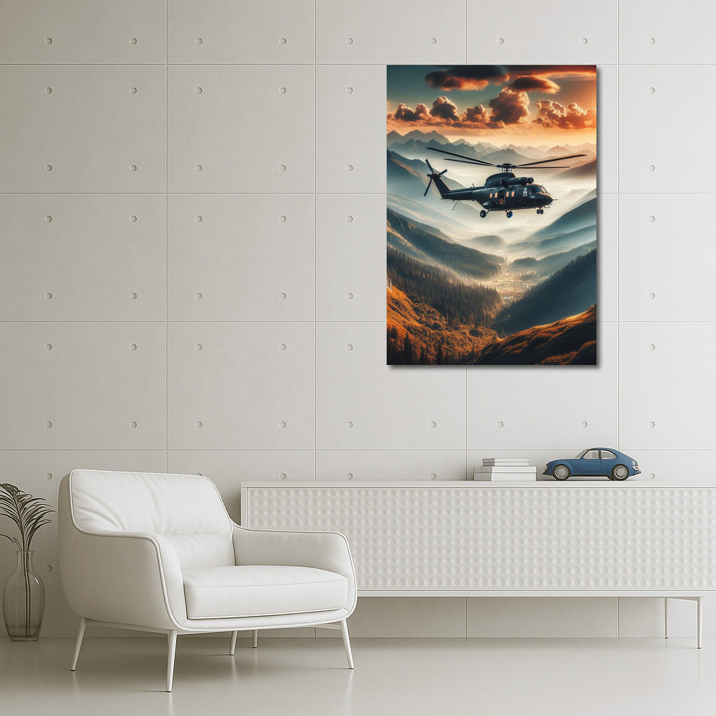 Mountain Rescue: Helicopter in dramatic flight over majestic peaks