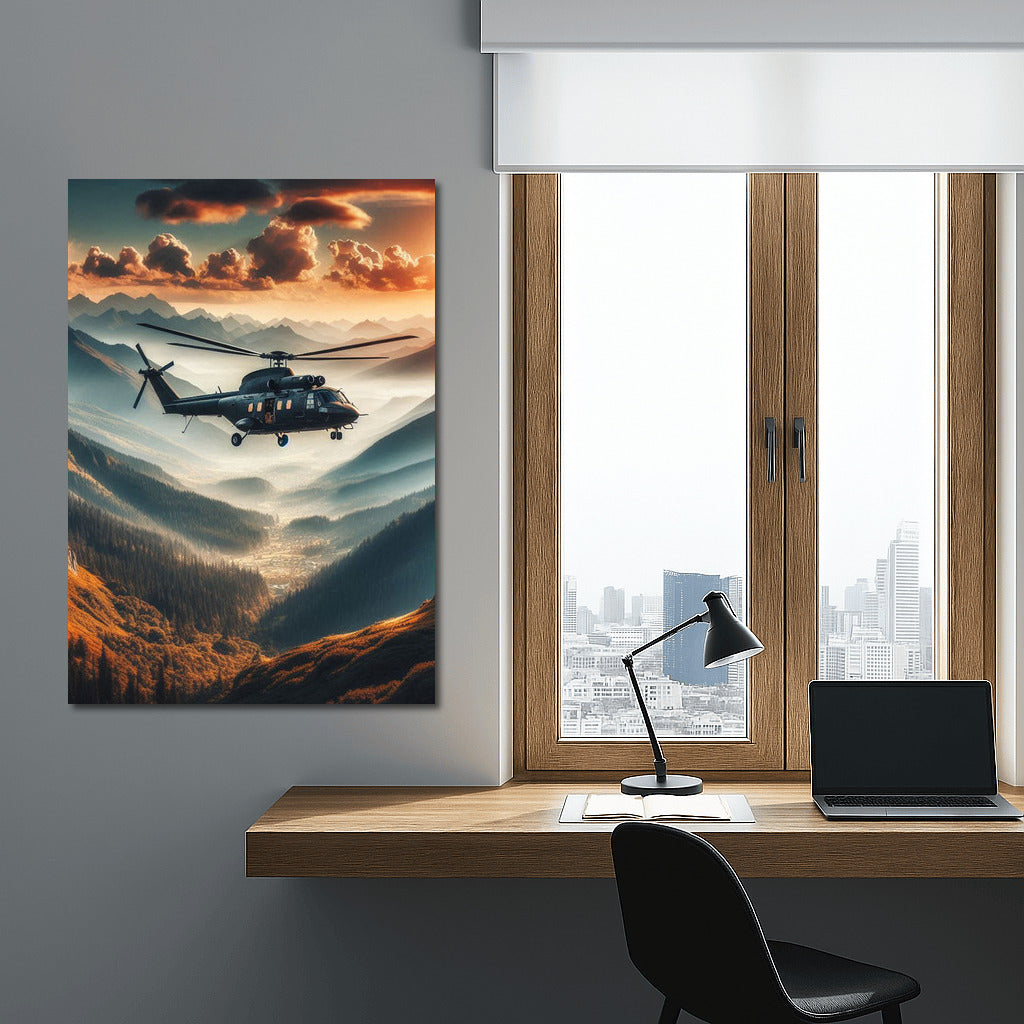 Mountain Rescue: Helicopter in dramatic flight over majestic peaks