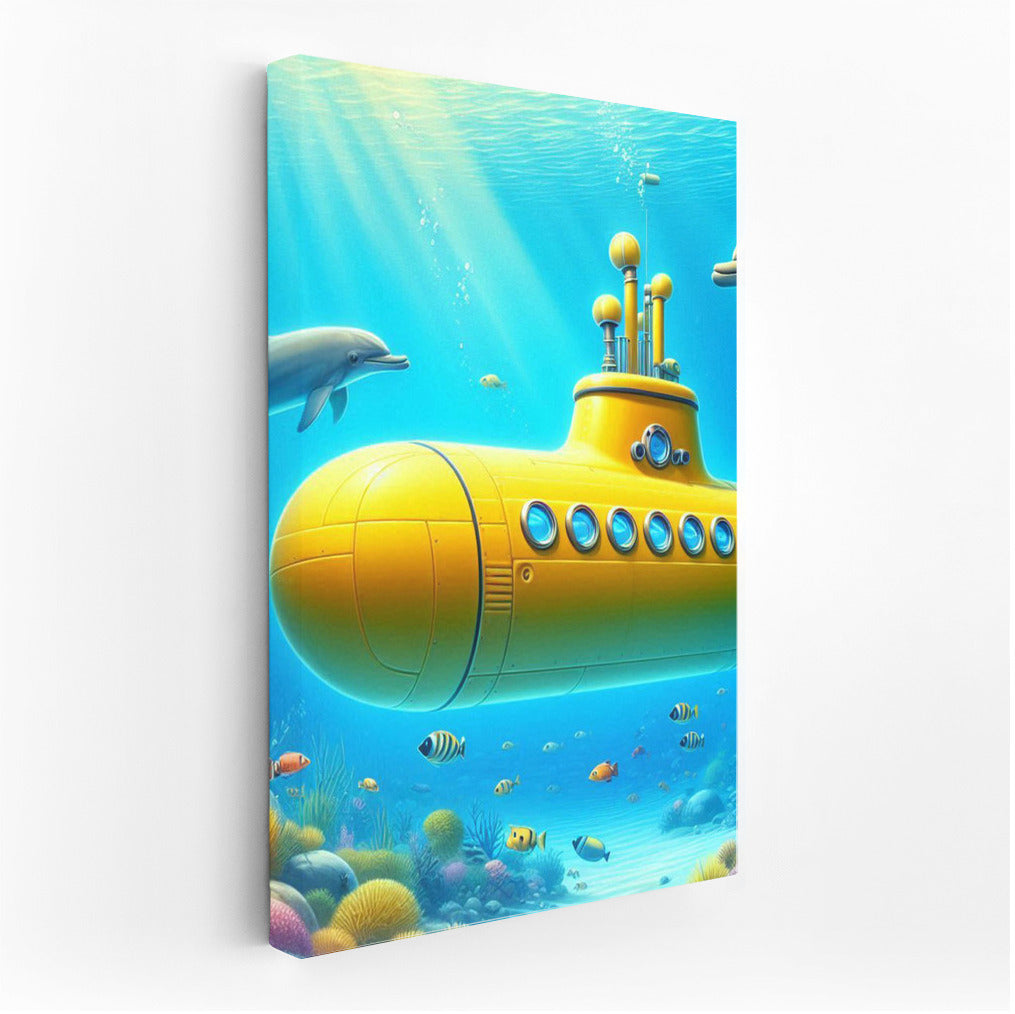 Yellow Submarine and Playful Dolphins in the Underwater World