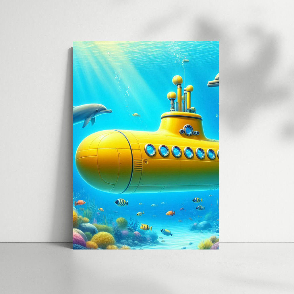 Yellow Submarine and Playful Dolphins in the Underwater World
