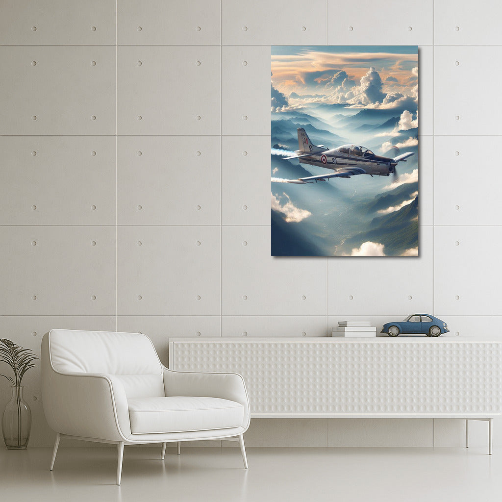 Simulator Airplane in Flight over Mountain Peaks: Inspiration and Freedom