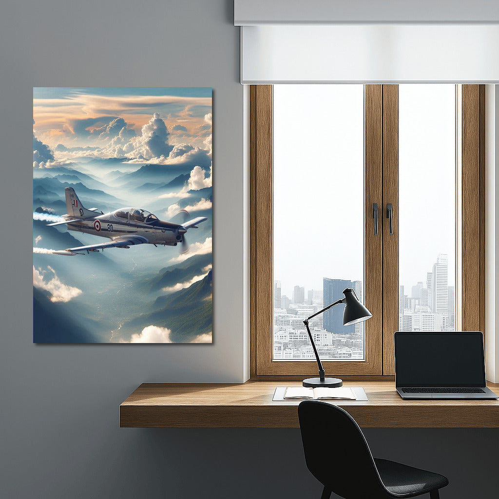 Simulator Airplane in Flight over Mountain Peaks: Inspiration and Freedom