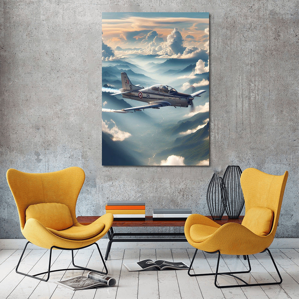 Simulator Airplane in Flight over Mountain Peaks: Inspiration and Freedom