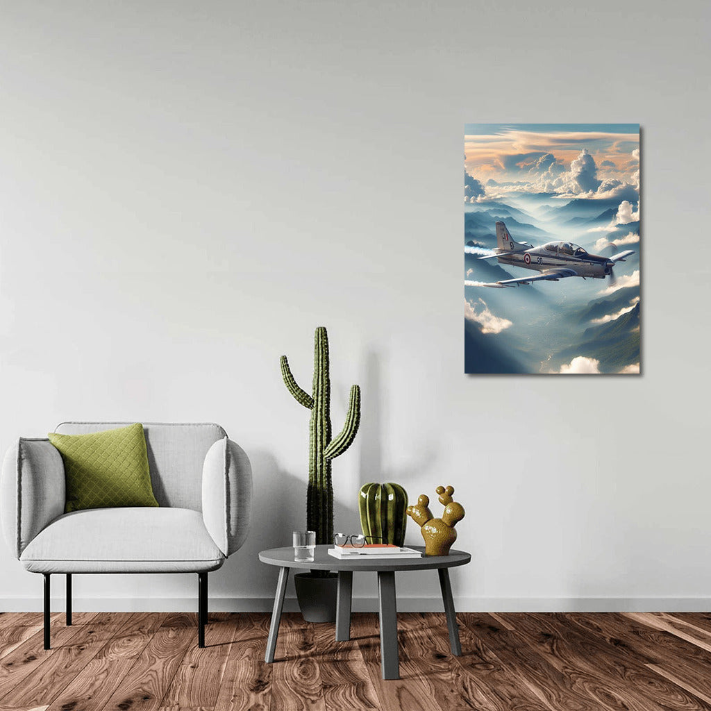 Simulator Airplane in Flight over Mountain Peaks: Inspiration and Freedom