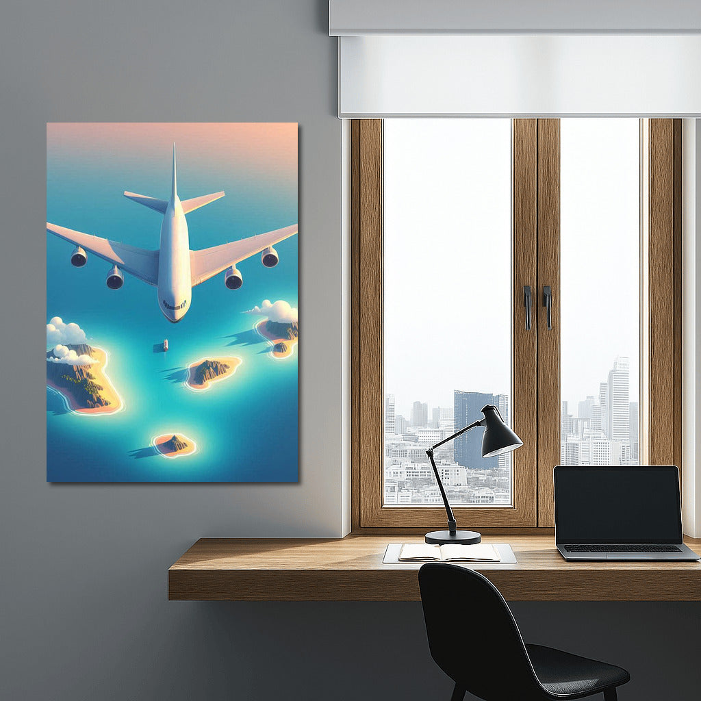 Soaring Airplane over the Azure Ocean and Islands: A Dream for Lovers of Heights and Freedom