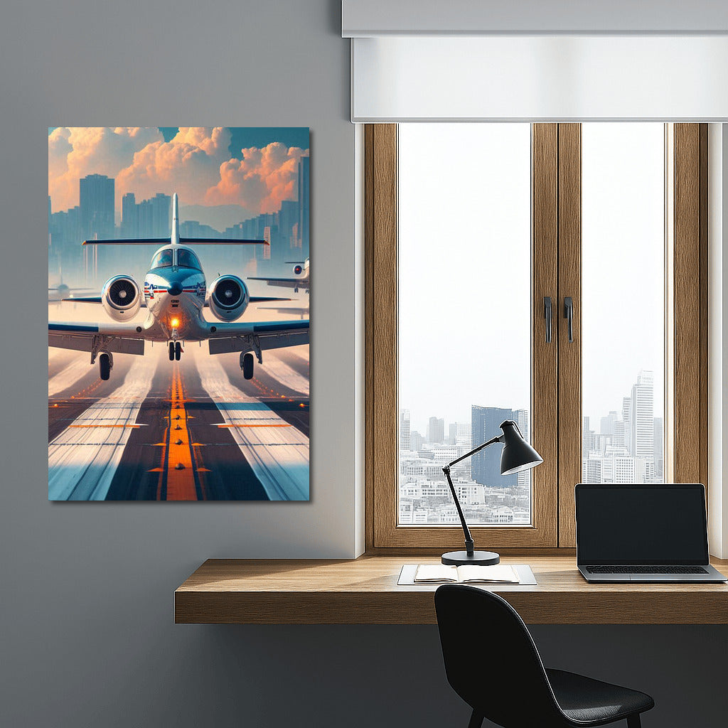 Takeoff Freedom: Simulator Airplane on City Background