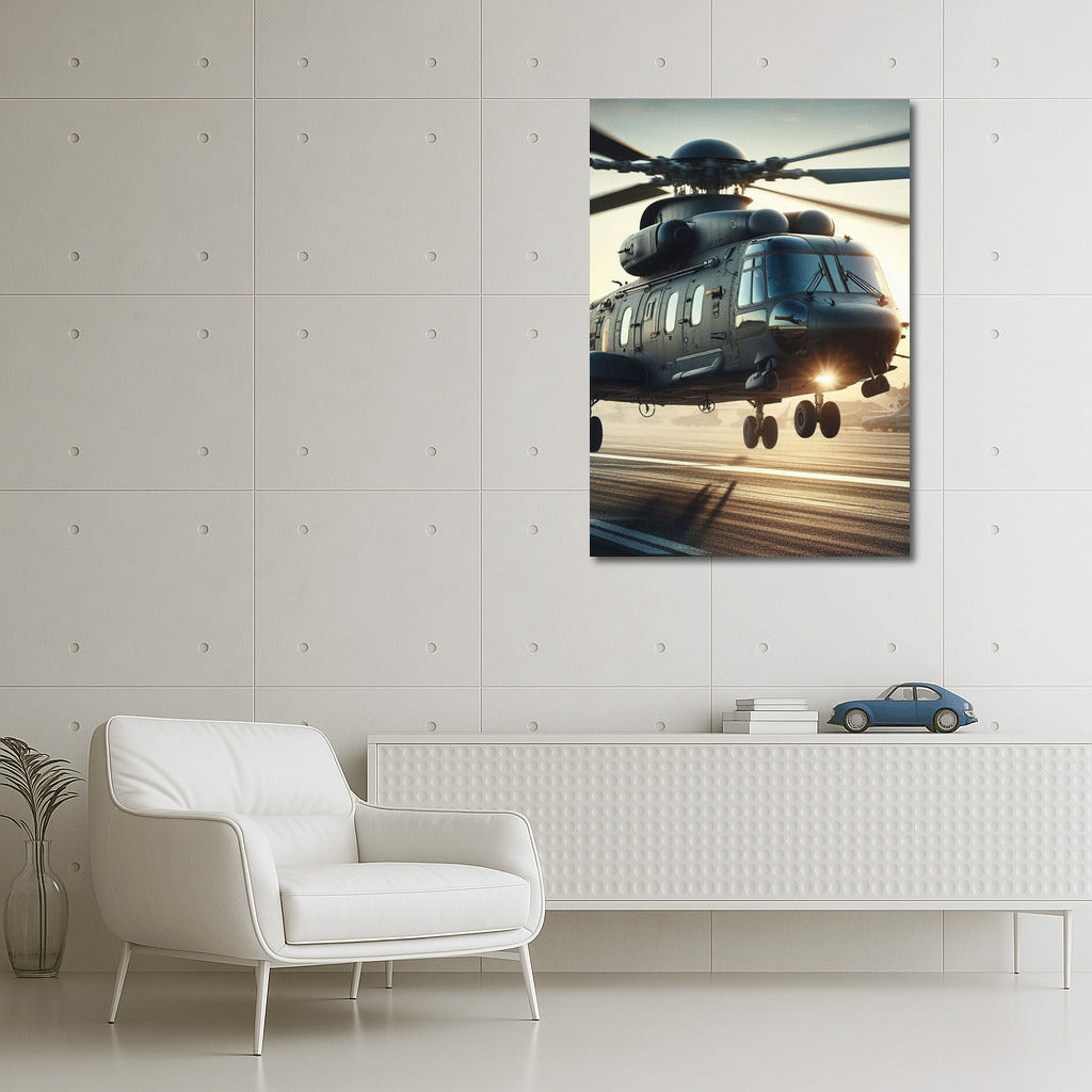 Sunset Takeoff: Transport Helicopter in Flight