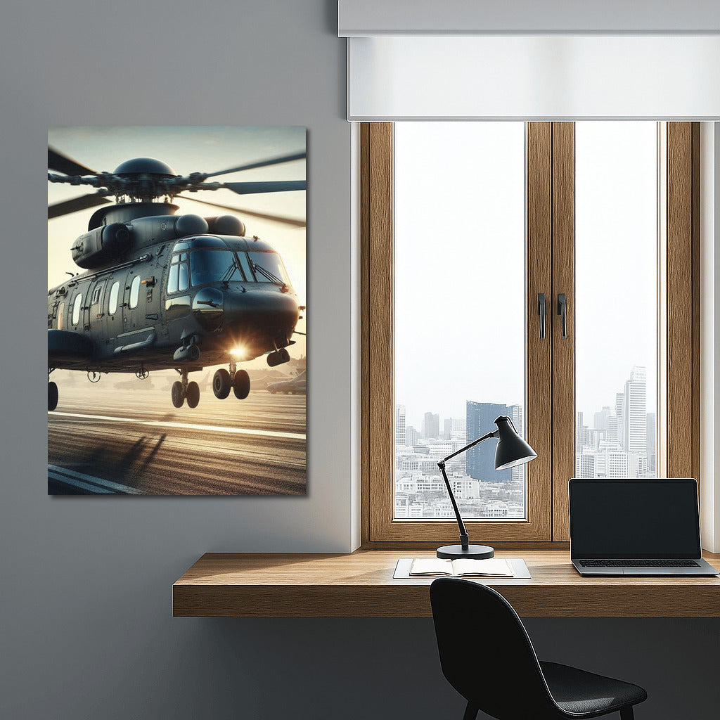 Sunset Takeoff: Transport Helicopter in Flight