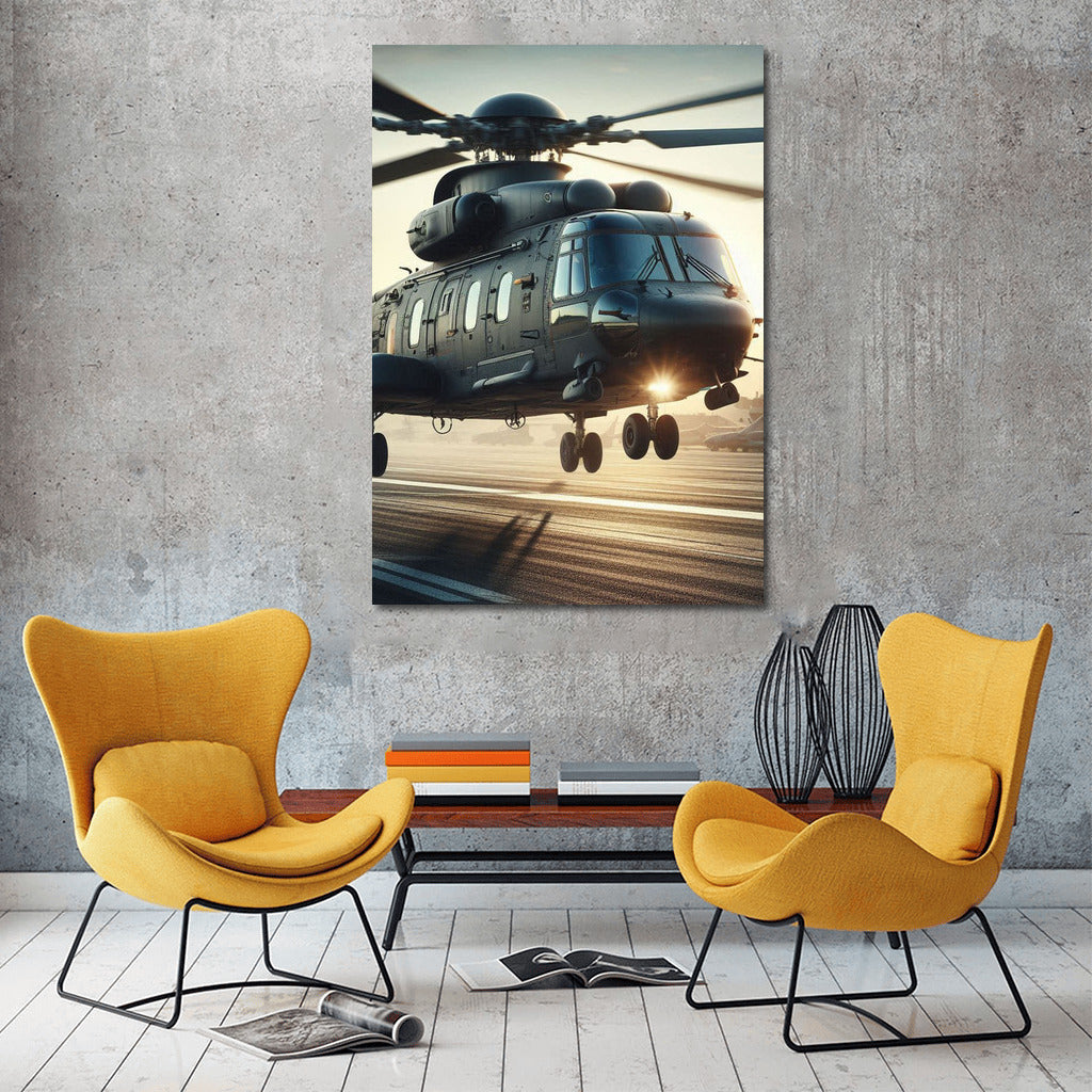 Sunset Takeoff: Transport Helicopter in Flight