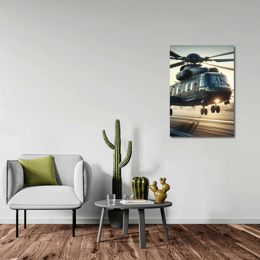 Sunset Takeoff: Transport Helicopter in Flight