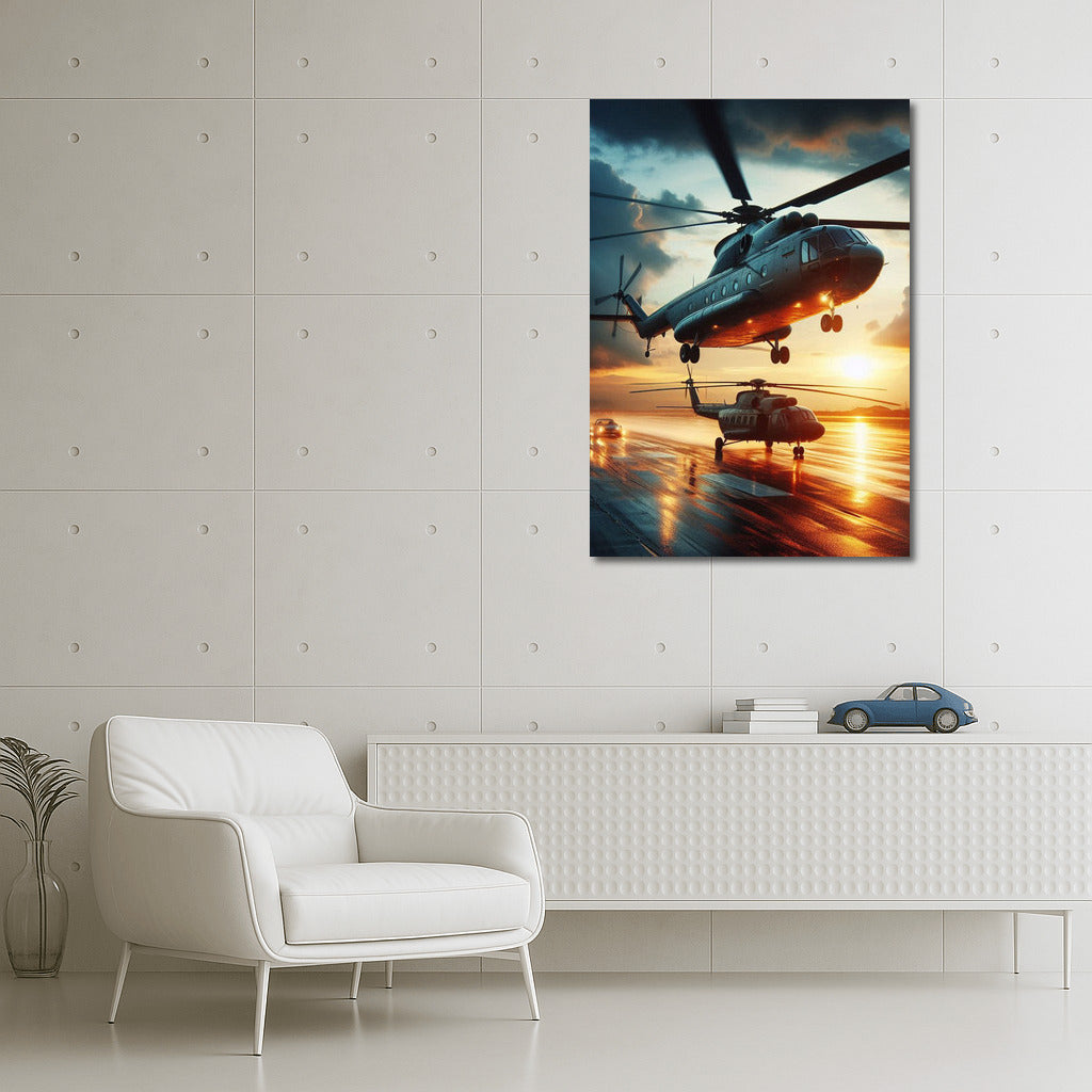 Transport Helicopters on the Runway at Sunset