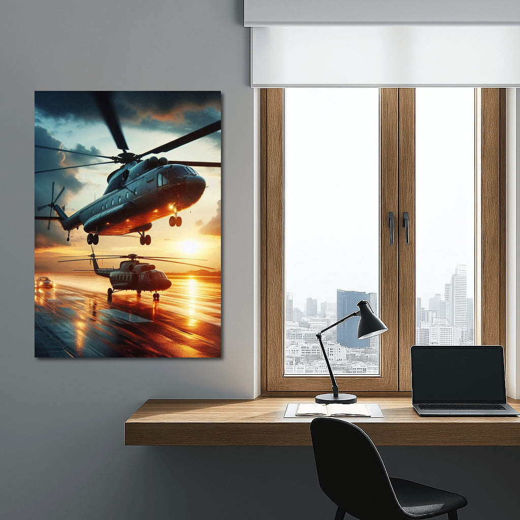 Transport Helicopters on the Runway at Sunset