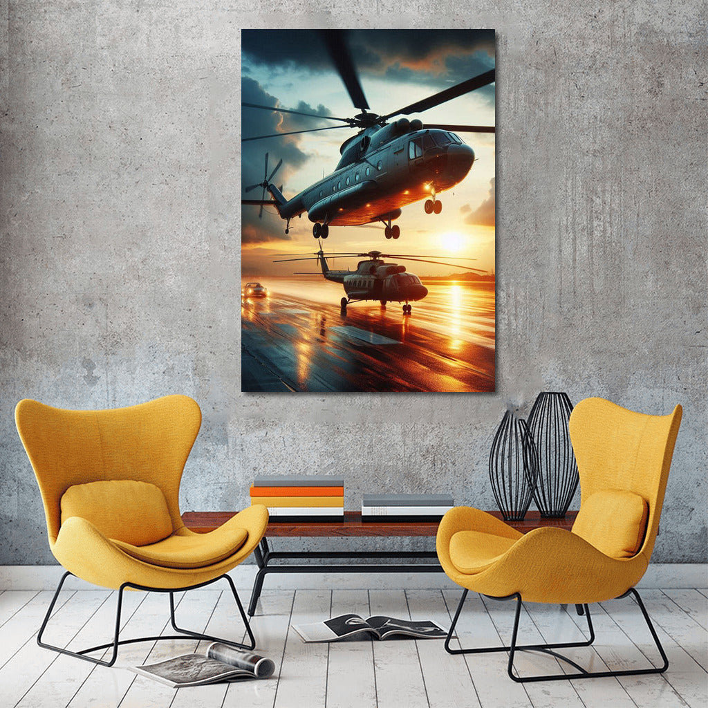 Transport Helicopters on the Runway at Sunset