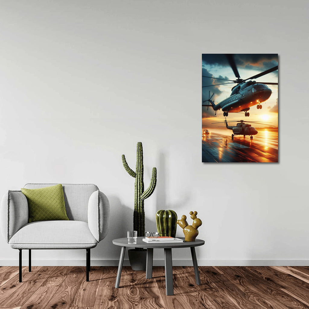 Transport Helicopters on the Runway at Sunset