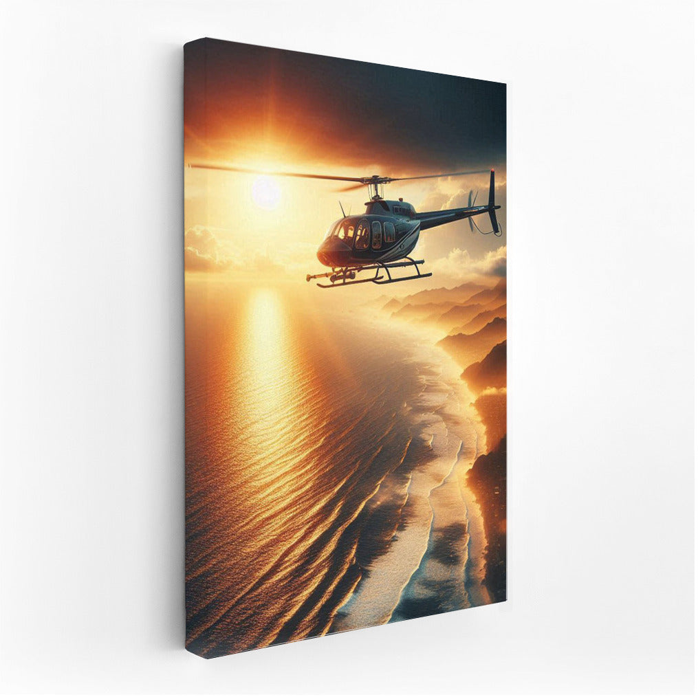 Sunset Flight: Helicopter over the Ocean
