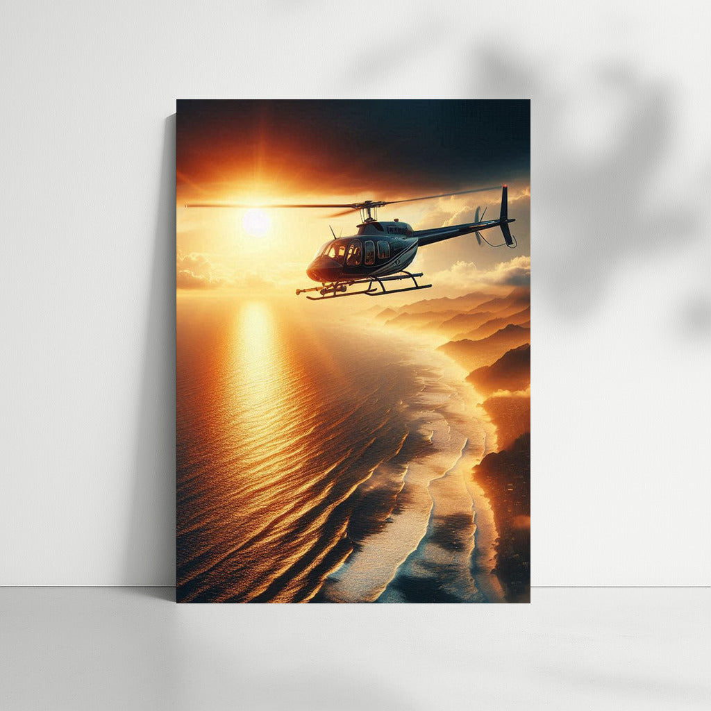Sunset Flight: Helicopter over the Ocean