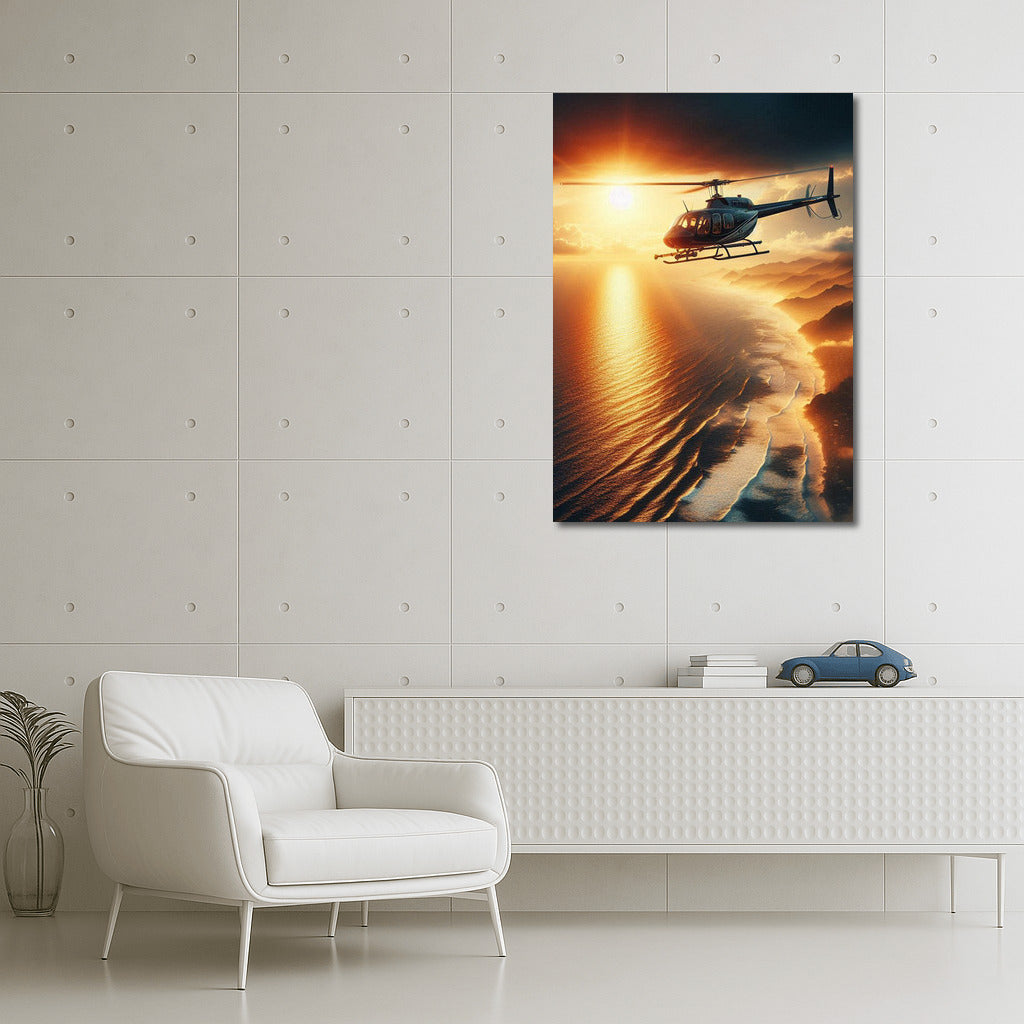 Sunset Flight: Helicopter over the Ocean