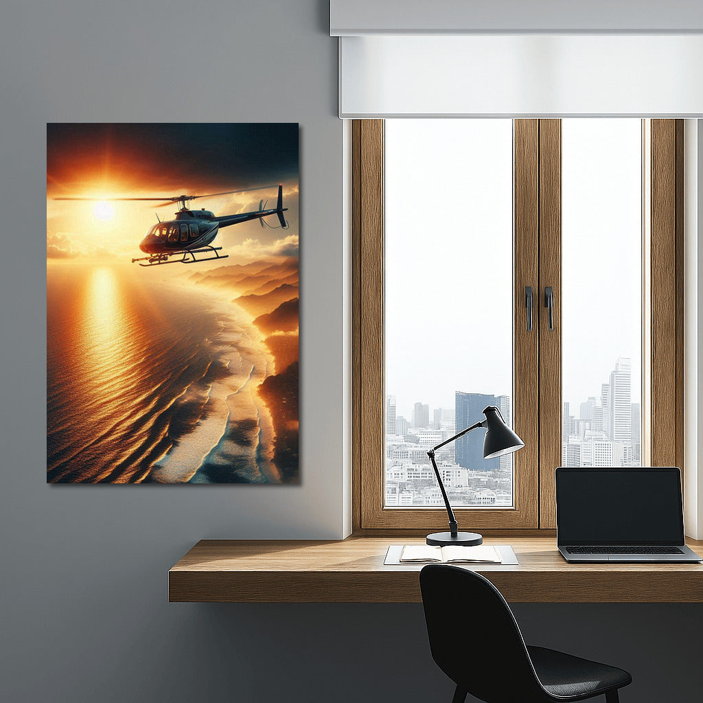 Sunset Flight: Helicopter over the Ocean