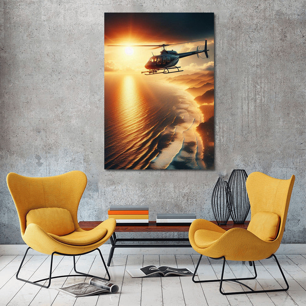 Sunset Flight: Helicopter over the Ocean