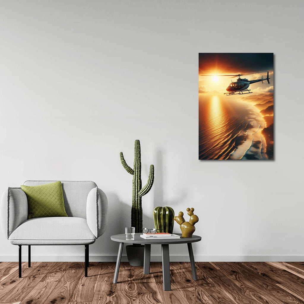 Sunset Flight: Helicopter over the Ocean