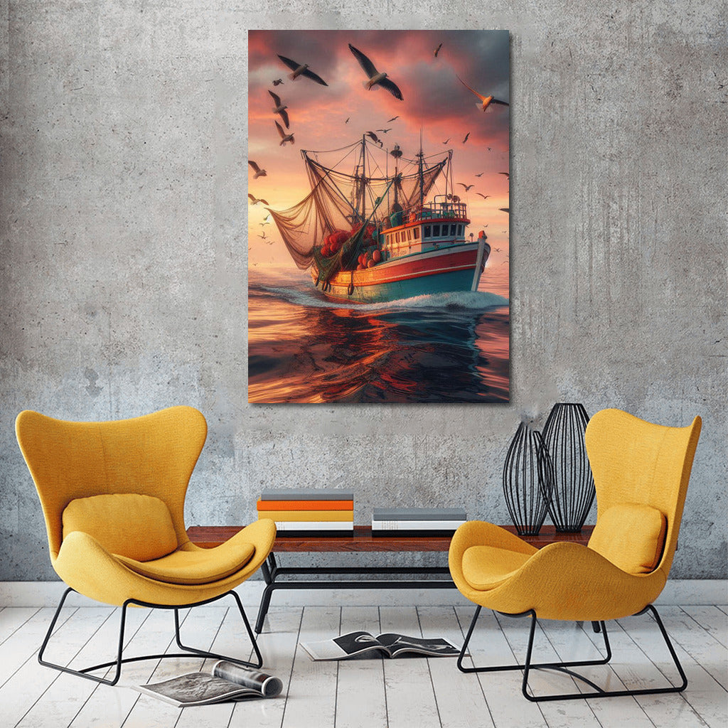 Trawlers in the Sunset Glow: Sea Symphony of the Evening