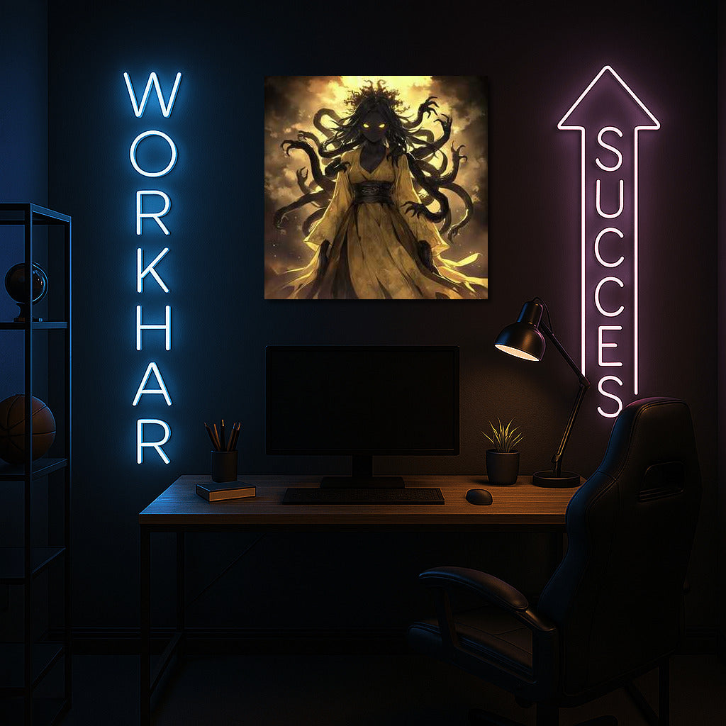 Embodiment of Horror: A Dark Figure with Glowing Eyes and Tentacles