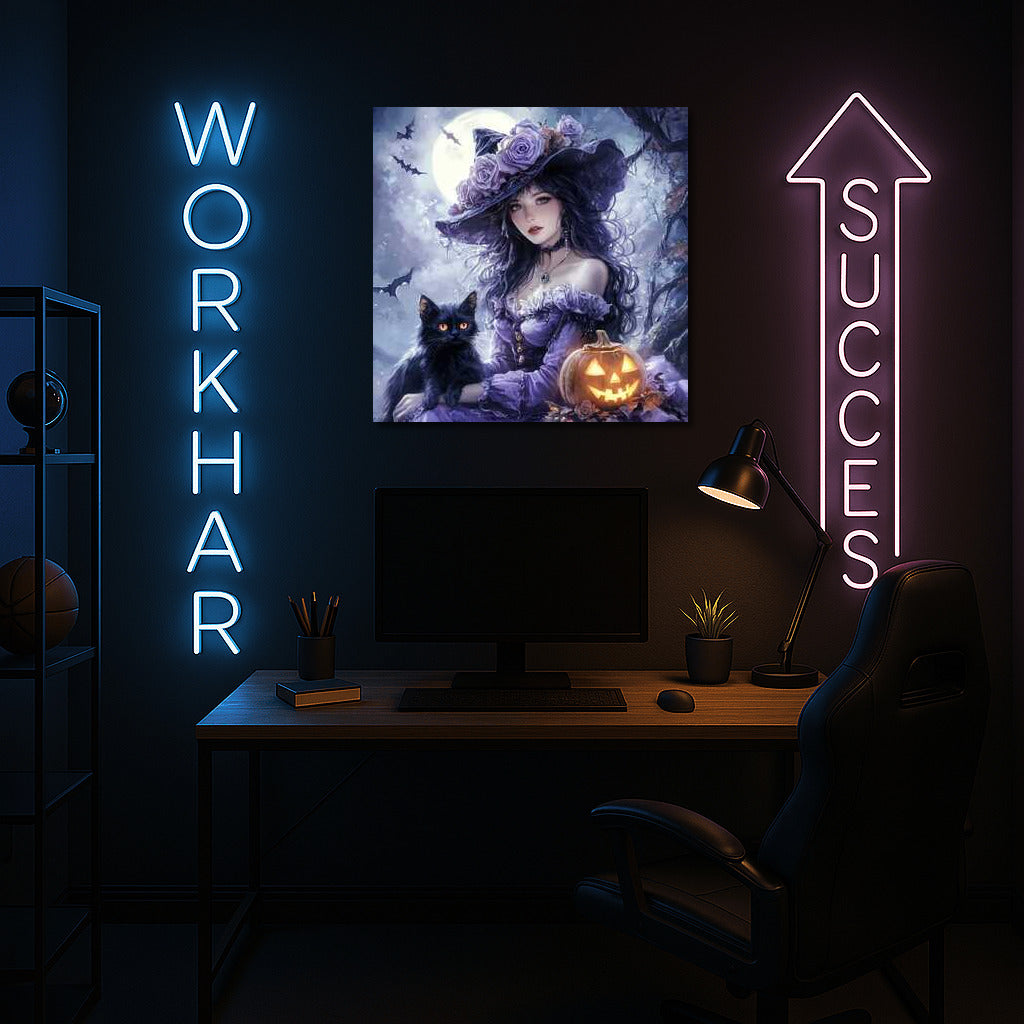 Moonlight Gothic Fantasy: Mysterious Figure with Cat and Glowing Pumpkin