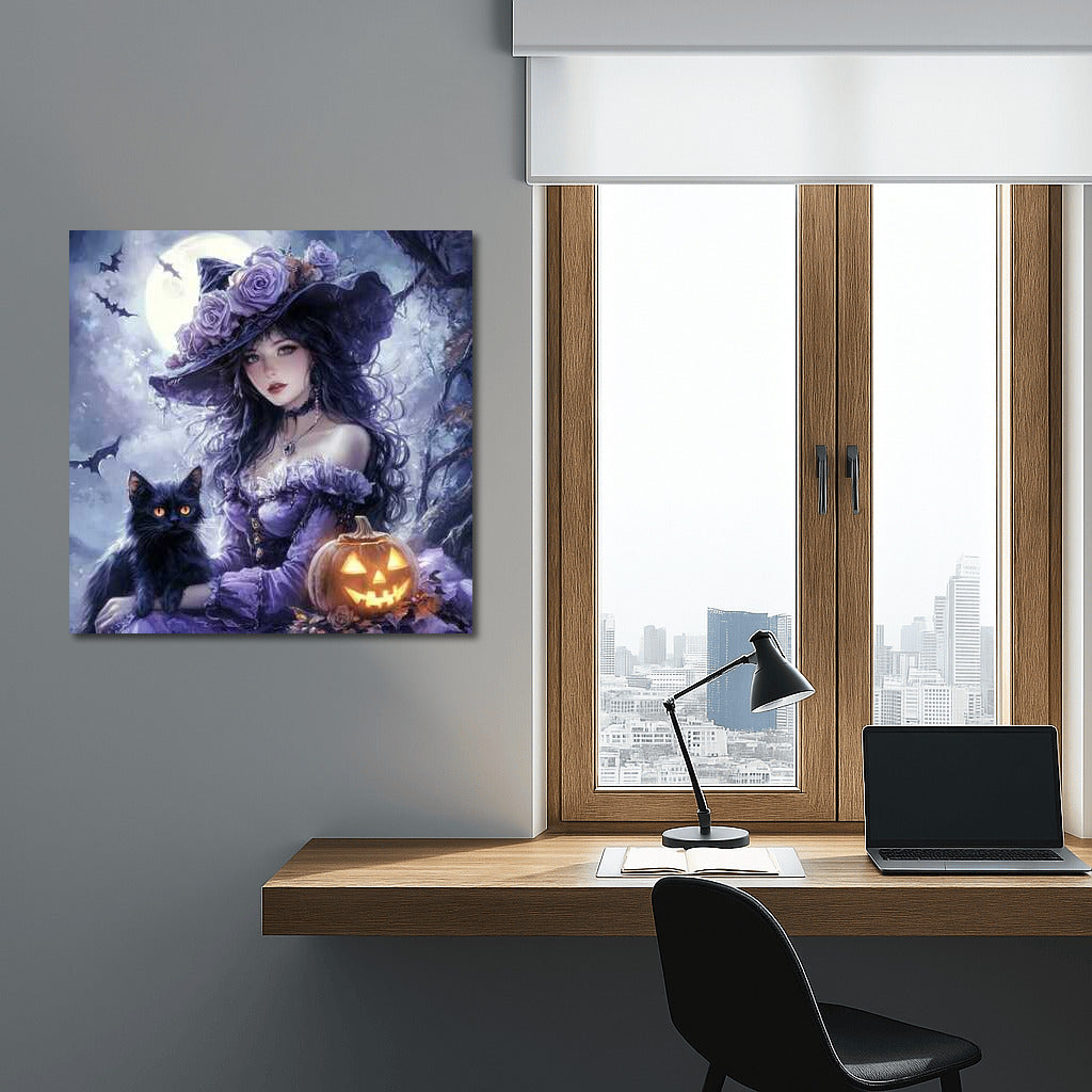 Moonlight Gothic Fantasy: Mysterious Figure with Cat and Glowing Pumpkin