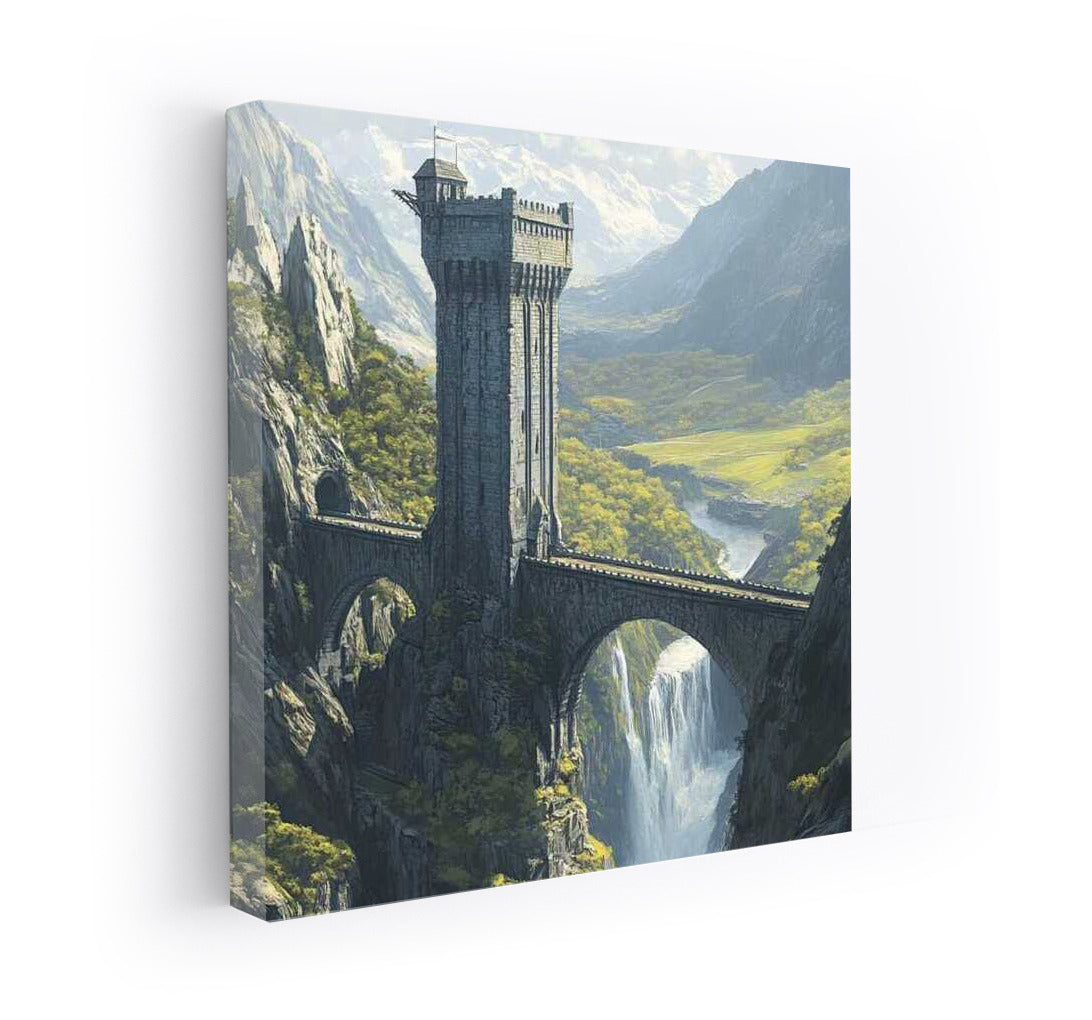 Majestic Tower Over the Waterfall: Fantasy Magic in Stone