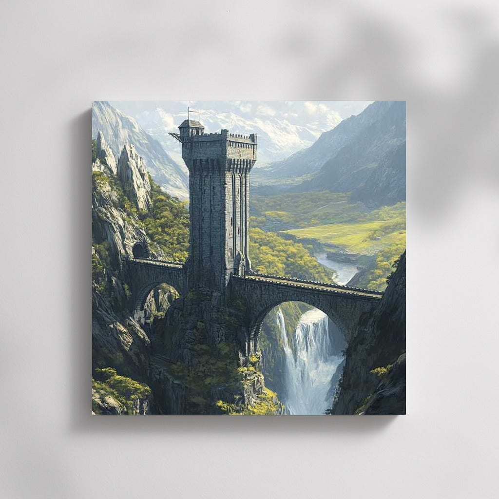 Majestic Tower Over the Waterfall: Fantasy Magic in Stone