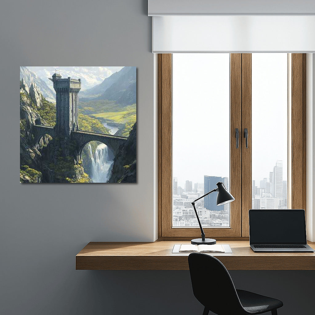 Majestic Tower Over the Waterfall: Fantasy Magic in Stone