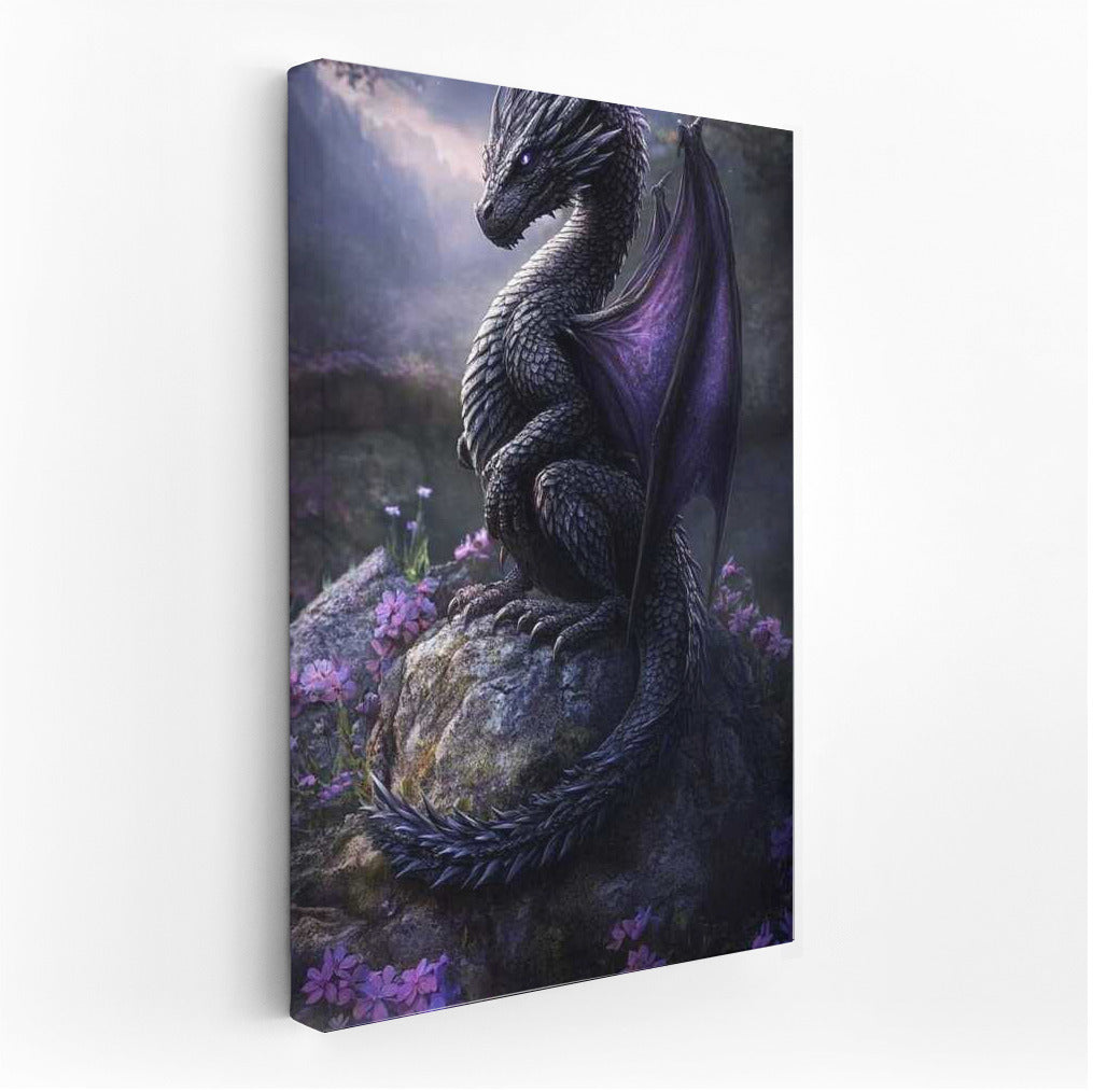 Fantasy: Dragon on a Rock Among Flowers