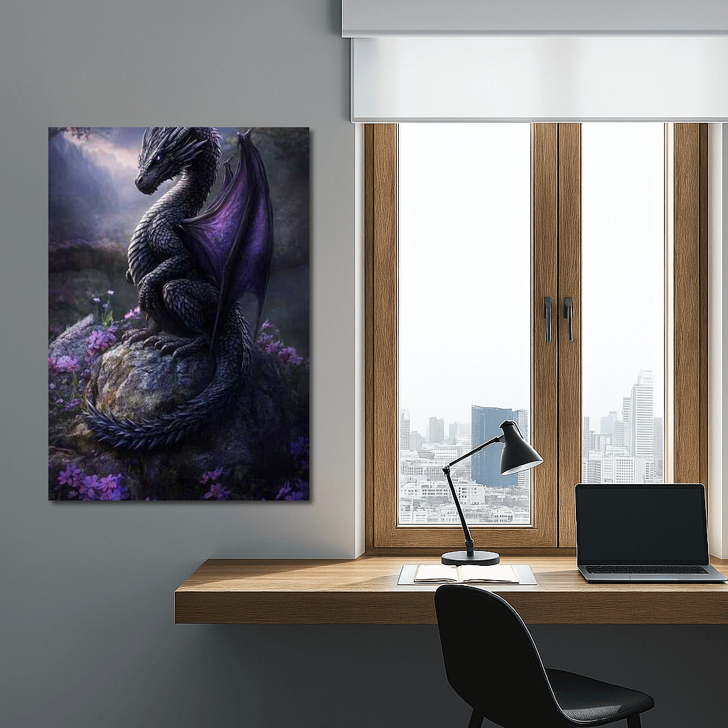 Fantasy: Dragon on a Rock Among Flowers