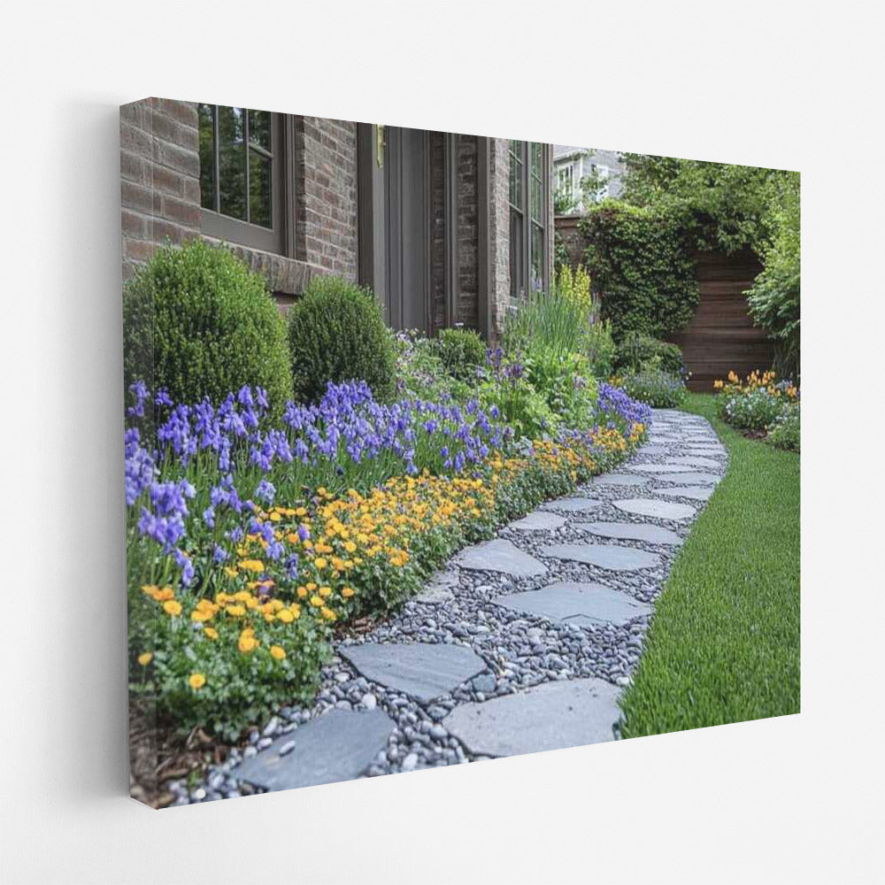 Stone Path among Irises and Calendulas: Flower Symphony
