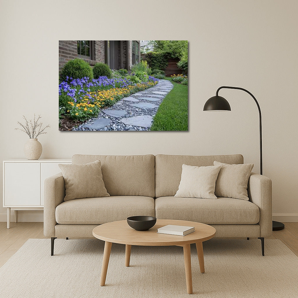 Stone Path among Irises and Calendulas: Flower Symphony