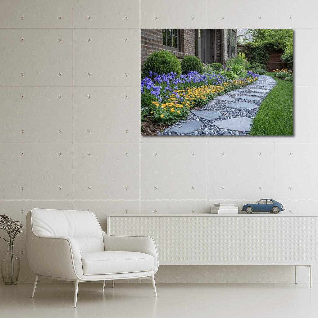 Stone Path among Irises and Calendulas: Flower Symphony