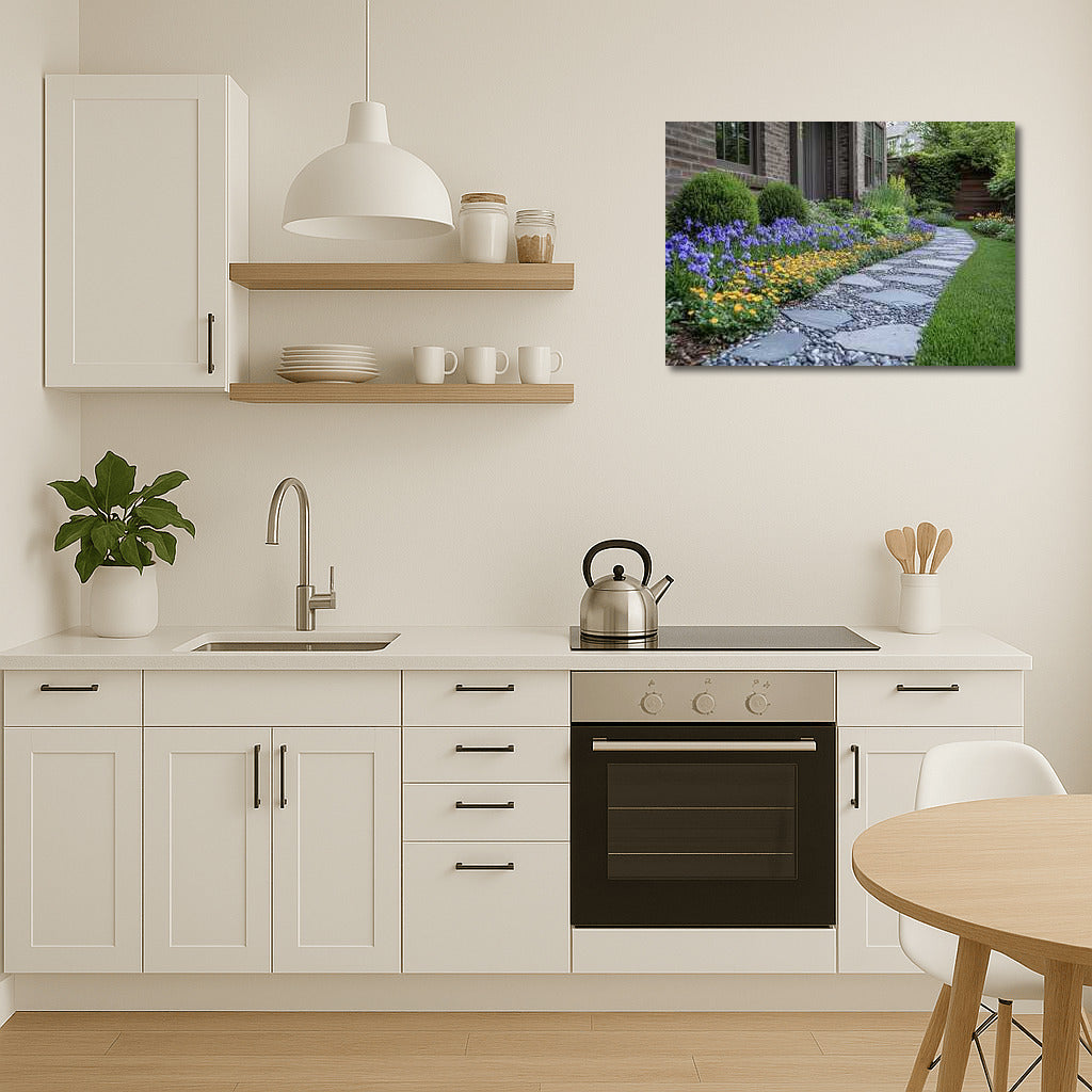 Stone Path among Irises and Calendulas: Flower Symphony