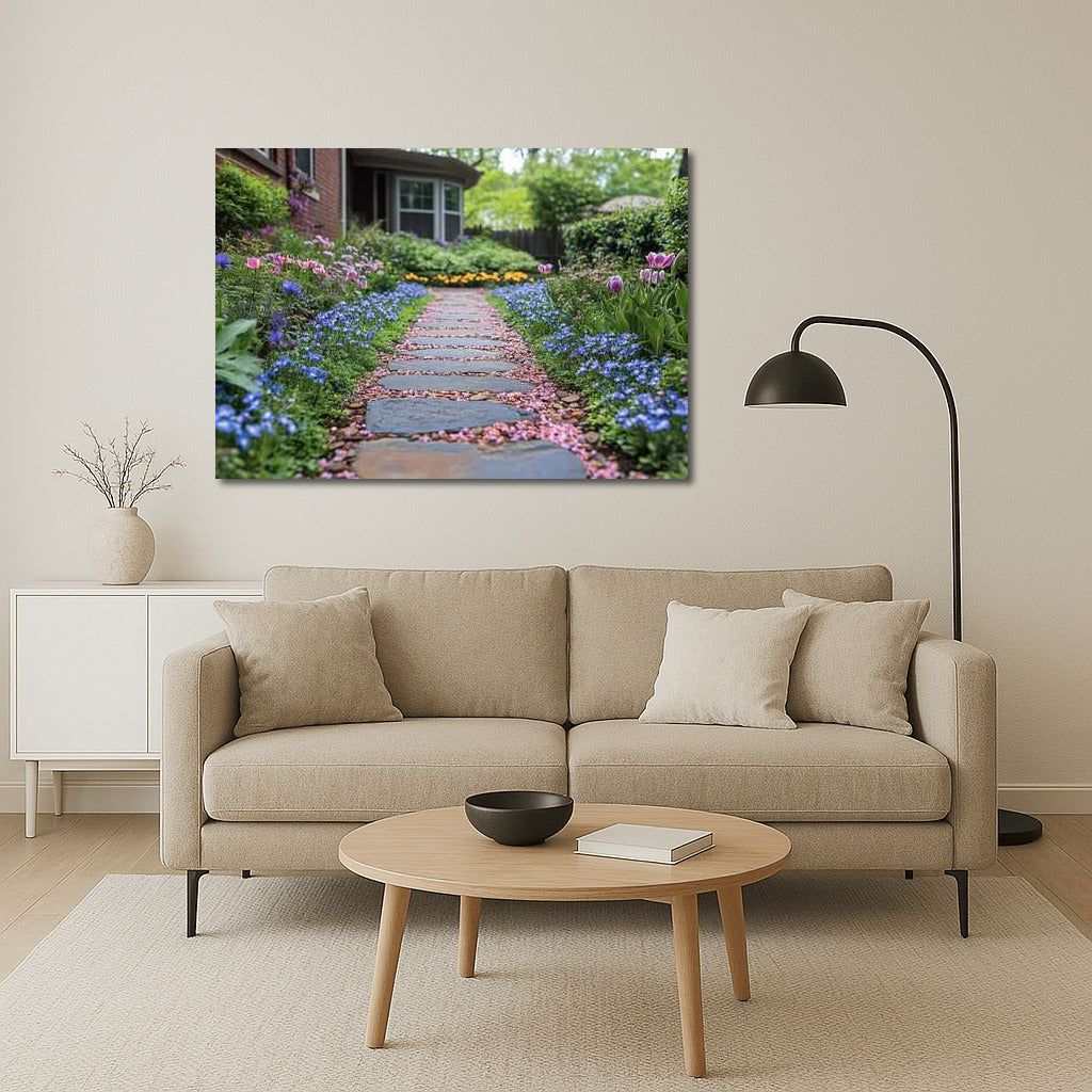 Flower Symphony: Tulips and Forget-me-nots along the Stone Path