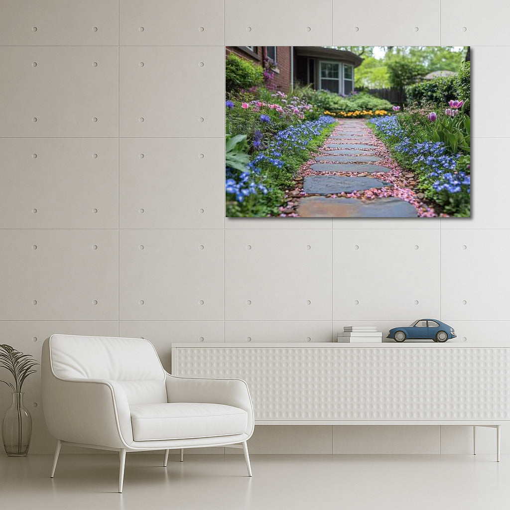 Flower Symphony: Tulips and Forget-me-nots along the Stone Path