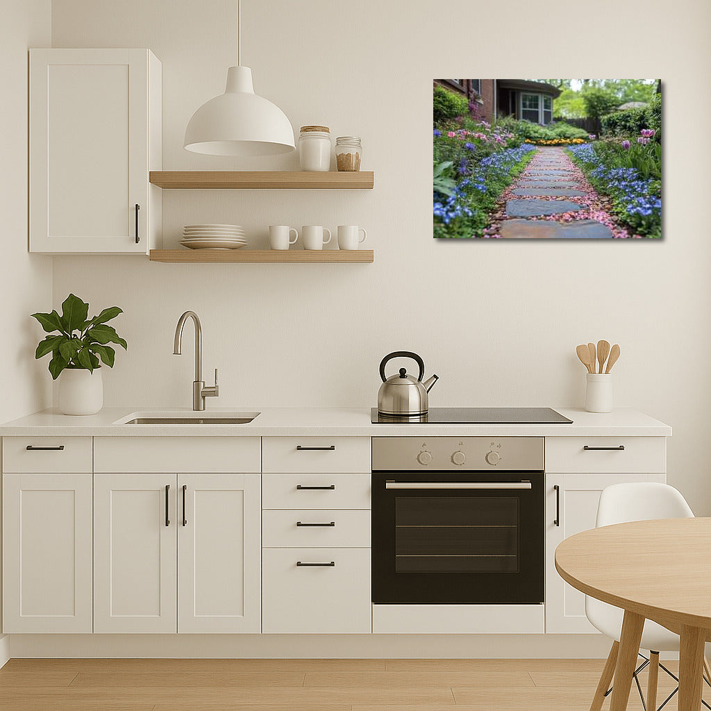 Flower Symphony: Tulips and Forget-me-nots along the Stone Path