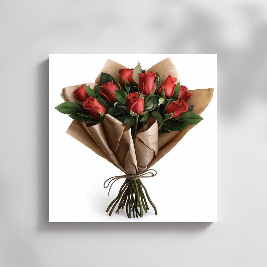 Bouquet of scarlet roses of the Grand Prix variety in elegant packaging