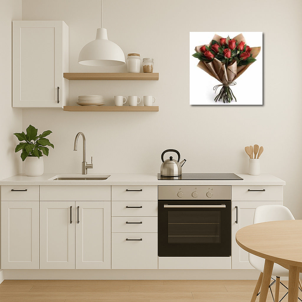 Bouquet of scarlet roses of the Grand Prix variety in elegant packaging