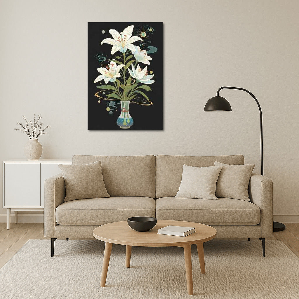 Snow White Lilies in Futuristic Vase 3: Elegance and Style