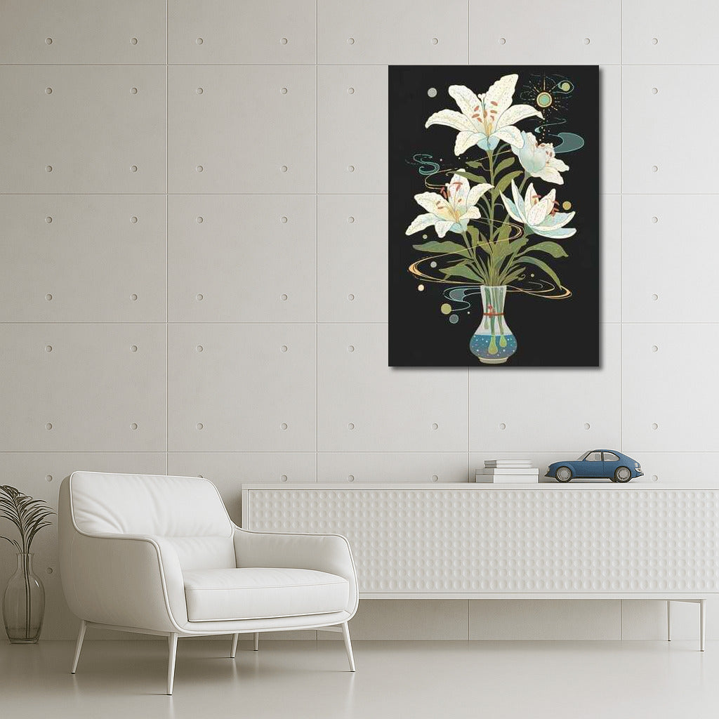Snow White Lilies in Futuristic Vase 3: Elegance and Style