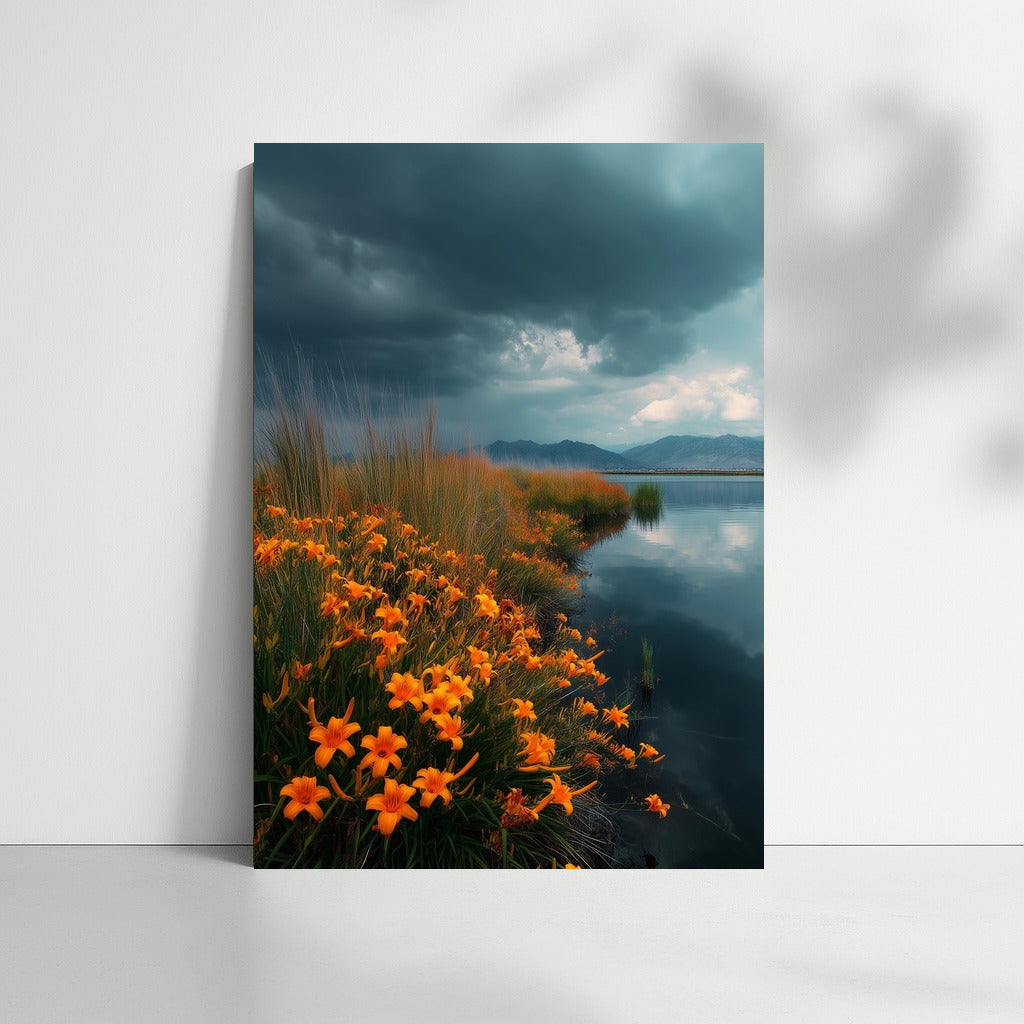 Orange Lilies Against a Dramatic Sky: Vivid Contrast of Flowers and Water